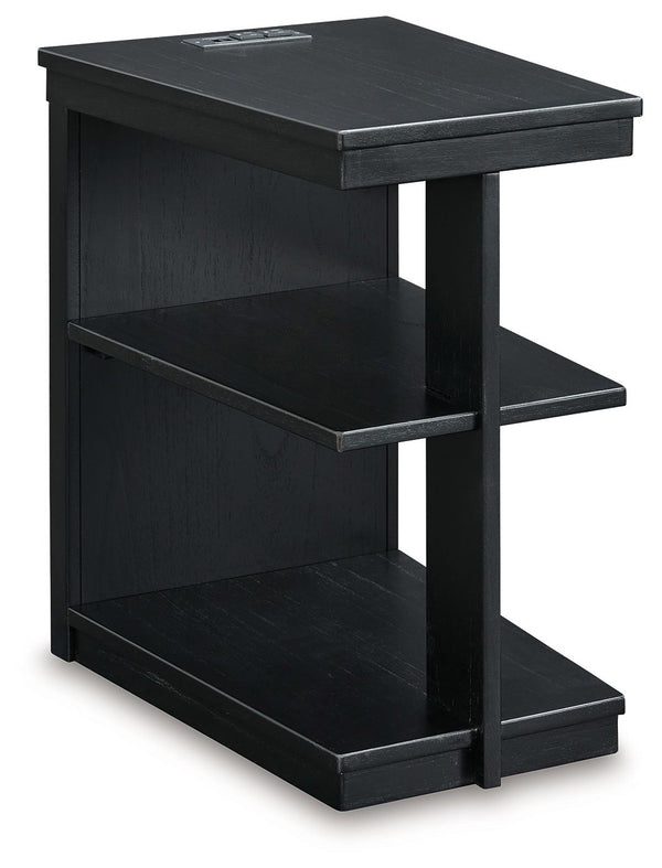 If you are a lover of simplicity, this chairside end table is the perfect choice. Its black finish, casual contemporary design and spacious storage capacity provide functional style wherever itâ€™s displayed. And with conveniently located USB charging por