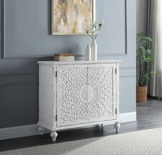 Assembled Rectangular Accent Table w/2 Door Table Top Thickness: 25 mm<br/><br/><b>Product Features</b><ul><li>KD Leg</li><li>Storage: 2 Door Cabinet</li><li>Pattern Front Doors</li><li>Woodem Bun Turned Leg</li><li>Magnetic Door Catches</li><li>Case: 1Pc