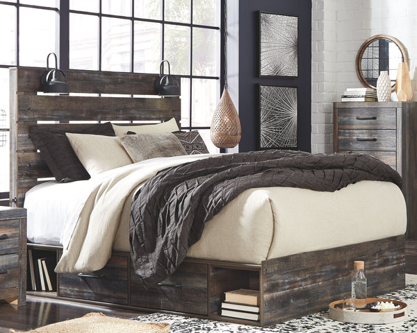 When merged in just the right way, rustic and industrial styles can make one happy marriage. Case in point: this queen panel bed with storage. A refined take on barn board beauty, its complex, replicated wood grain showcases hints of burnt orange and teal