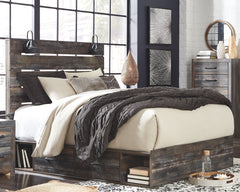 When merged in just the right way, rustic and industrial styles can make one happy marriage. Case in point: this queen panel bed with storage. A refined take on barn board beauty, its complex, replicated wood grain showcases hints of burnt orange and teal