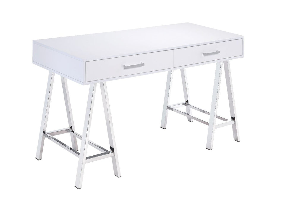 Simple, bold, and appealing, the Coleen Writing Desk will give your workplace a distinct look with contemporary style. The high gloss table top on trendy cross-base legs gives the desk a gorgeous and lustrous look. It has two storage drawers for your offi