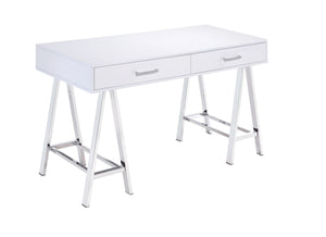 Simple, bold, and appealing, the Coleen Writing Desk will give your workplace a distinct look with contemporary style. The high gloss table top on trendy cross-base legs gives the desk a gorgeous and lustrous look. It has two storage drawers for your offi