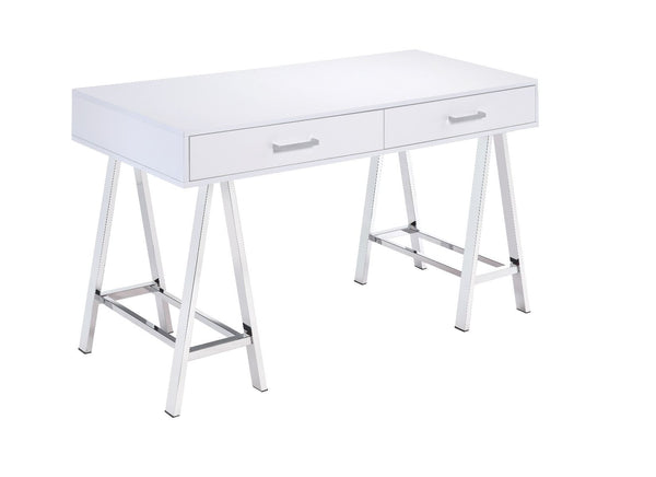 Simple, bold, and appealing, the Coleen Writing Desk will give your workplace a distinct look with contemporary style. The high gloss table top on trendy cross-base legs gives the desk a gorgeous and lustrous look. It has two storage drawers for your offi