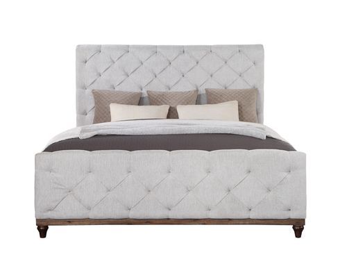 This Andria upholstered bed features an impressive rolled headboard. Generously padded features deep handcrafted buttonless tufting on the headboard to create a luxury decorative classic feeling. The woven upholstery fabric gives the bed a sophisticated f