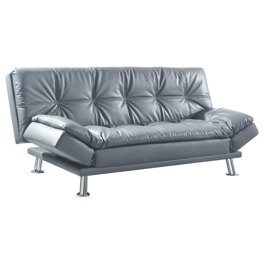 The contemporary Dilleston collection presents this sofa bed and futon that adds distinctive style and function to a family room or living room. It-'s upholstered in dashing grey leatherette that matches any decor. Plush pillow-top seating simply enwraps 