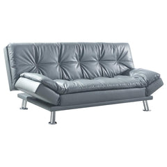The contemporary Dilleston collection presents this sofa bed and futon that adds distinctive style and function to a family room or living room. It-'s upholstered in dashing grey leatherette that matches any decor. Plush pillow-top seating simply enwraps 