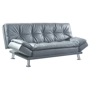 The contemporary Dilleston collection presents this sofa bed and futon that adds distinctive style and function to a family room or living room. It-'s upholstered in dashing grey leatherette that matches any decor. Plush pillow-top seating simply enwraps 