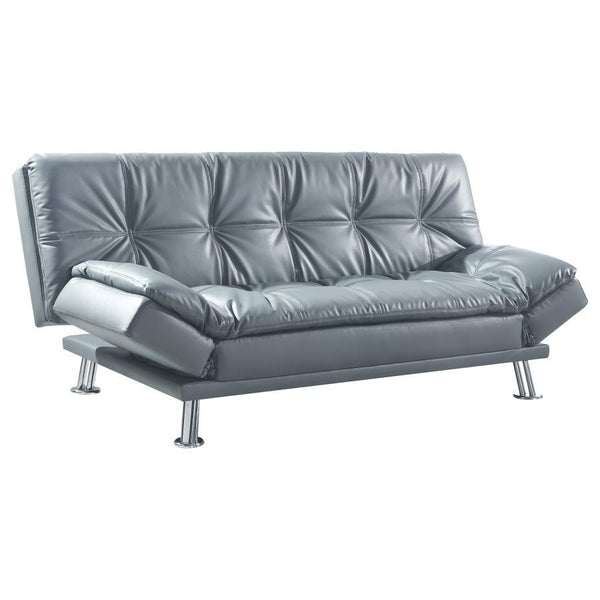 The contemporary Dilleston collection presents this sofa bed and futon that adds distinctive style and function to a family room or living room. It-'s upholstered in dashing grey leatherette that matches any decor. Plush pillow-top seating simply enwraps 