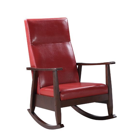 Calm your mind and close your eyes on this gently rocking chair. With wood curved rocker rails, the Raina Rocking Chair provides the ideal place to sit back and relax. Upholstered seat and back cushion offers you comfortable seating, with faux leather uph