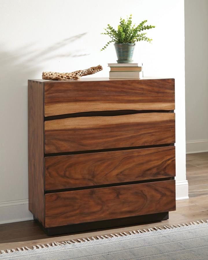 Upgrade your master bedroom-'s storage options. This versatile chest offers four large drawers to help you stay organized. Its gorgeous smokey walnut and coffee bean finish are enhanced by washed-out accents, giving it a striking appearance. The stunning,