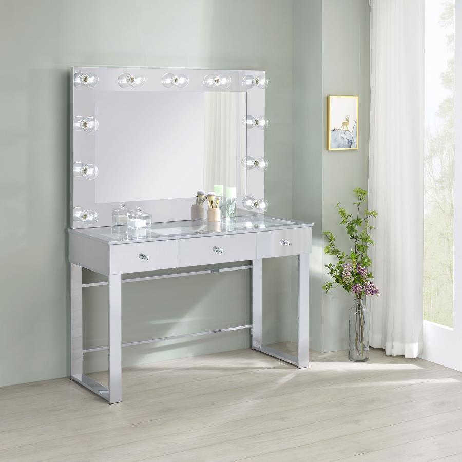 With a Hollywood regency flair, this modern vanity set features a stunning mirror paneled design that reflects surrounding hues. Cleverly designed with a clear tempered glass top that showcases cosmetics and accessories tucked inside the three drawers ben