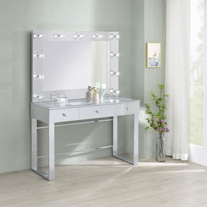 this modern vanity set features a stunning mirror paneled design that reflects surrounding hues. Cleverly designed with a clear tempered glass top that showcases cosmetics and accessories tucked inside the three drawers ben