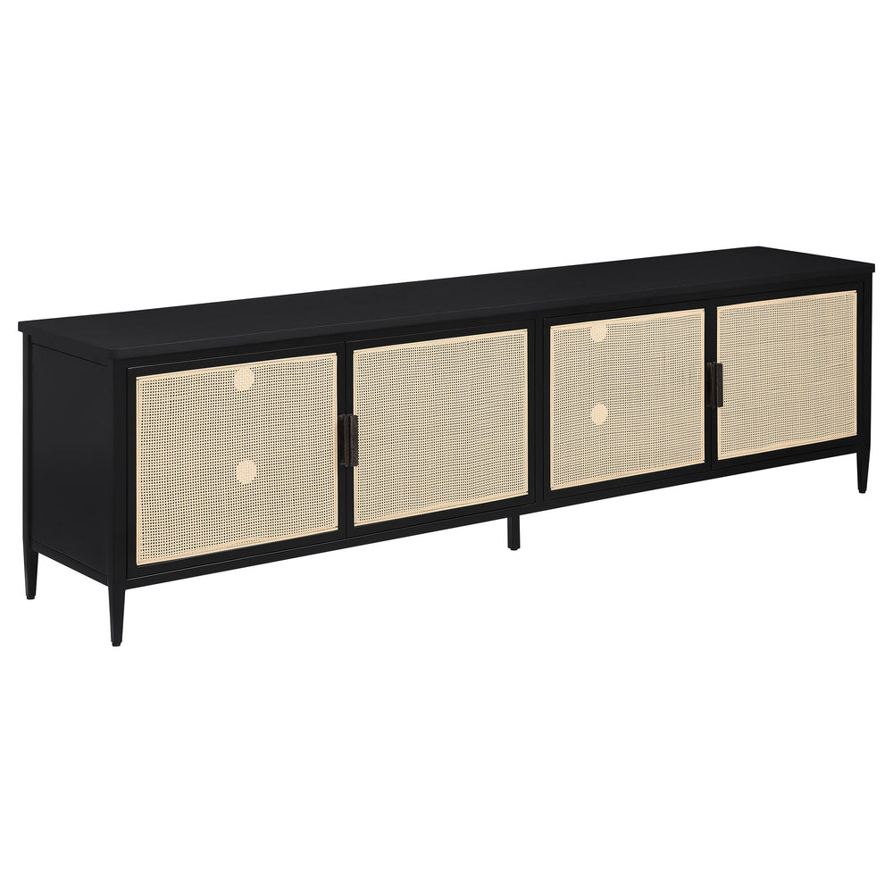Upgrade your entertainment space with this stunning 78-inch TV stand, designed to accommodate up to an 80-inch TV. Featuring four door cabinets with elegant radio weave polyethylene (PE) rattan fronts, this stand combines modern style with natural texture