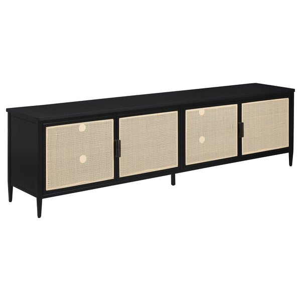 Upgrade your entertainment space with this stunning 78-inch TV stand, designed to accommodate up to an 80-inch TV. Featuring four door cabinets with elegant radio weave polyethylene (PE) rattan fronts, this stand combines modern style with natural texture