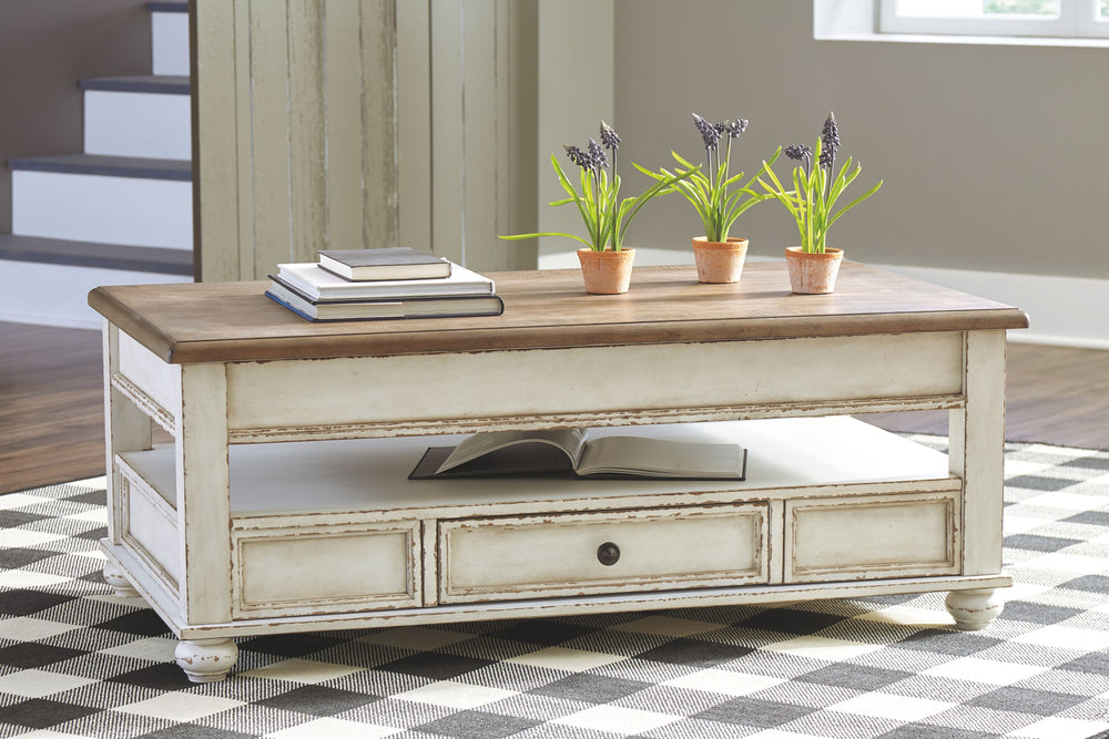 This lift top coffee table is traditional cottage styling taken to a new level. Antiqued two-tone finish blends a chipped white with a distressed wood finished top for a double serving of charm. Crafted with quality dovetail construction, this coffee tabl