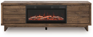 Nostalgic style, retooled for todayâ€™s trends. This TV stand with electric fireplace puts an elevated twist on mod aesthetics. Its warm brown tones reflect the mid-century vibes you love, while the angular base incorporates contemporary motifs. Integrate