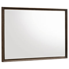 Augment your stylish dresser with a modern framed mirror. Perfect for the dresser top, it mounts directly and features a warm brown wood finish. The mirror boasts beveled glass for added depth, complementing its stylish reflectivity and depth. Mitered tri