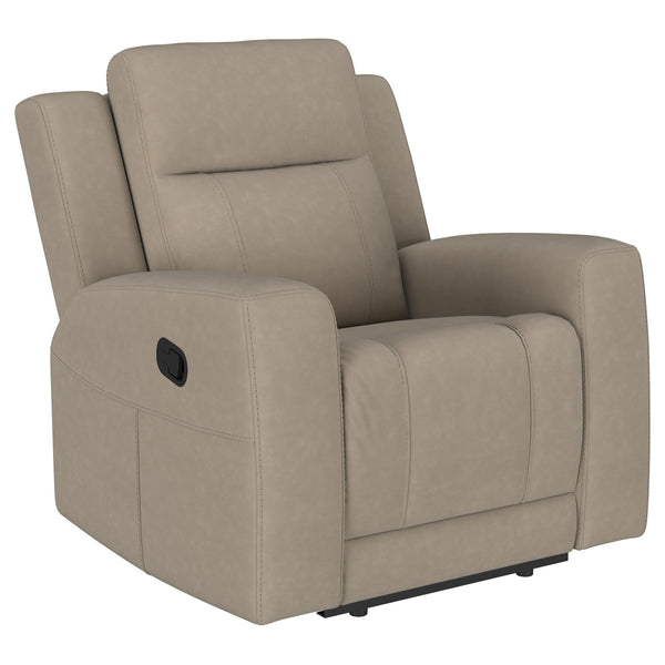 Kick back in luxurious indulgence with a modern rocker recliner. Expertly designed for a sleek, refined look that blends in contemporary living spaces, the recliner features matte suede-like upholstery in a neutral hue. Its clean lines and track arms blen