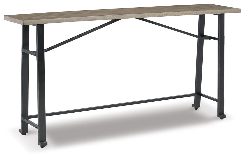 Delight in the effortless two-tone look of this long counter table. Dark iron-tone metal and distressed brown wood pair for a rustic look with modern sensibility. This charming piece is great for small spaces, easily tucking against a wall or the back of 