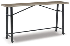 Delight in the effortless two-tone look of this long counter table. Dark iron-tone metal and distressed brown wood pair for a rustic look with modern sensibility. This charming piece is great for small spaces, easily tucking against a wall or the back of 