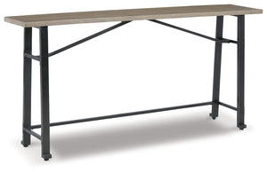 Delight in the effortless two-tone look of this long counter table. Dark iron-tone metal and distressed brown wood pair for a rustic look with modern sensibility. This charming piece is great for small spaces, easily tucking against a wall or the back of 