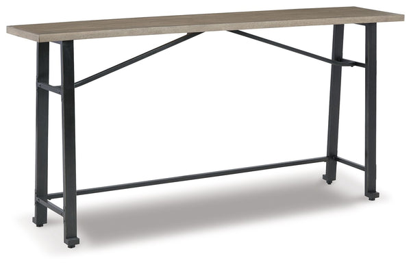 Delight in the effortless two-tone look of this long counter table. Dark iron-tone metal and distressed brown wood pair for a rustic look with modern sensibility. This charming piece is great for small spaces, easily tucking against a wall or the back of 