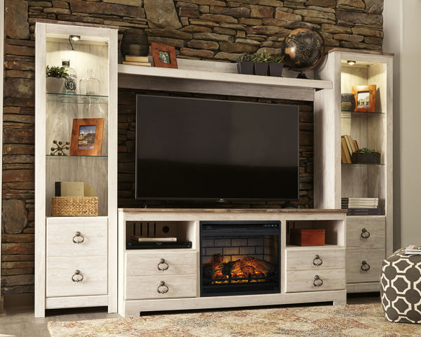 This entertainment center with electric infrared fireplace insert is the ultimate statement piece for your coastal cottage or shabby chic inspired retreat. Whitewashed finish is wonderfully easy on the eyes. Paired with unique plank-style tops, itâ€™s a d