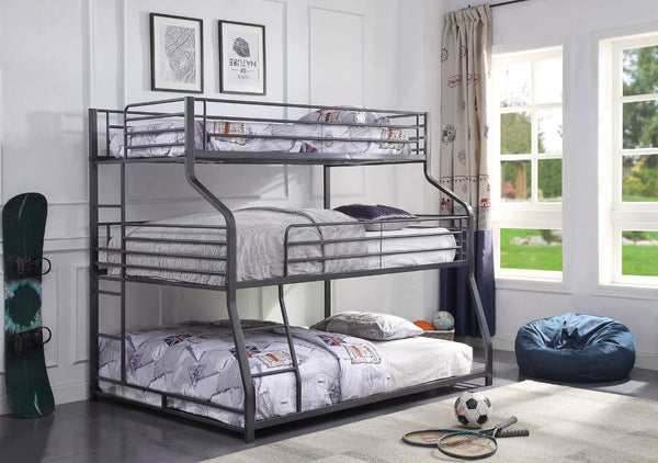 Contemporary metal and industrial styles meet to create the Caius II bunk bed. This strikingly unique triple bunk bed features twin, full and queen size beds, providing a smart sleeping solution and space saver for your child-'s bedroom. Crafted with meta