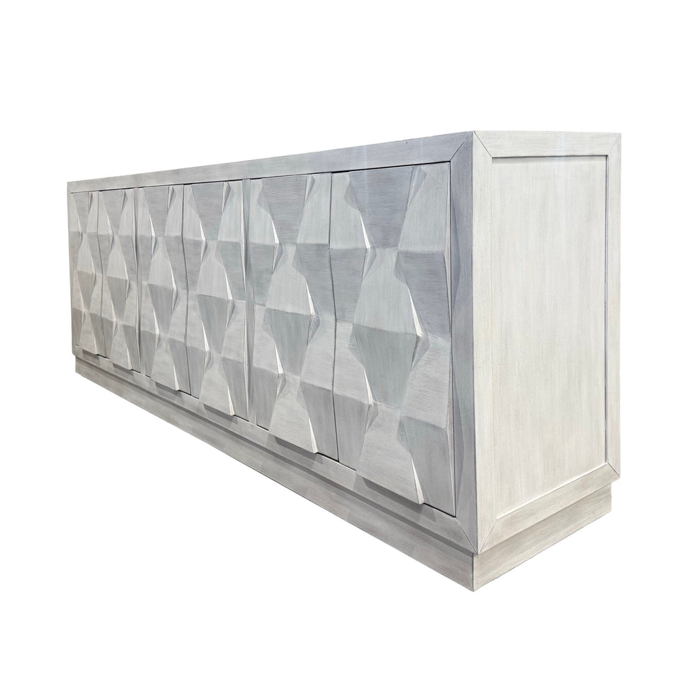 The Cortina console is a must-have for any unique home. It features a distinctive geometric design on the doors and a sturdy base for stability. This console has push-to-open doors for ease of use and is equipped with a hidden drawer and adjustable shelve