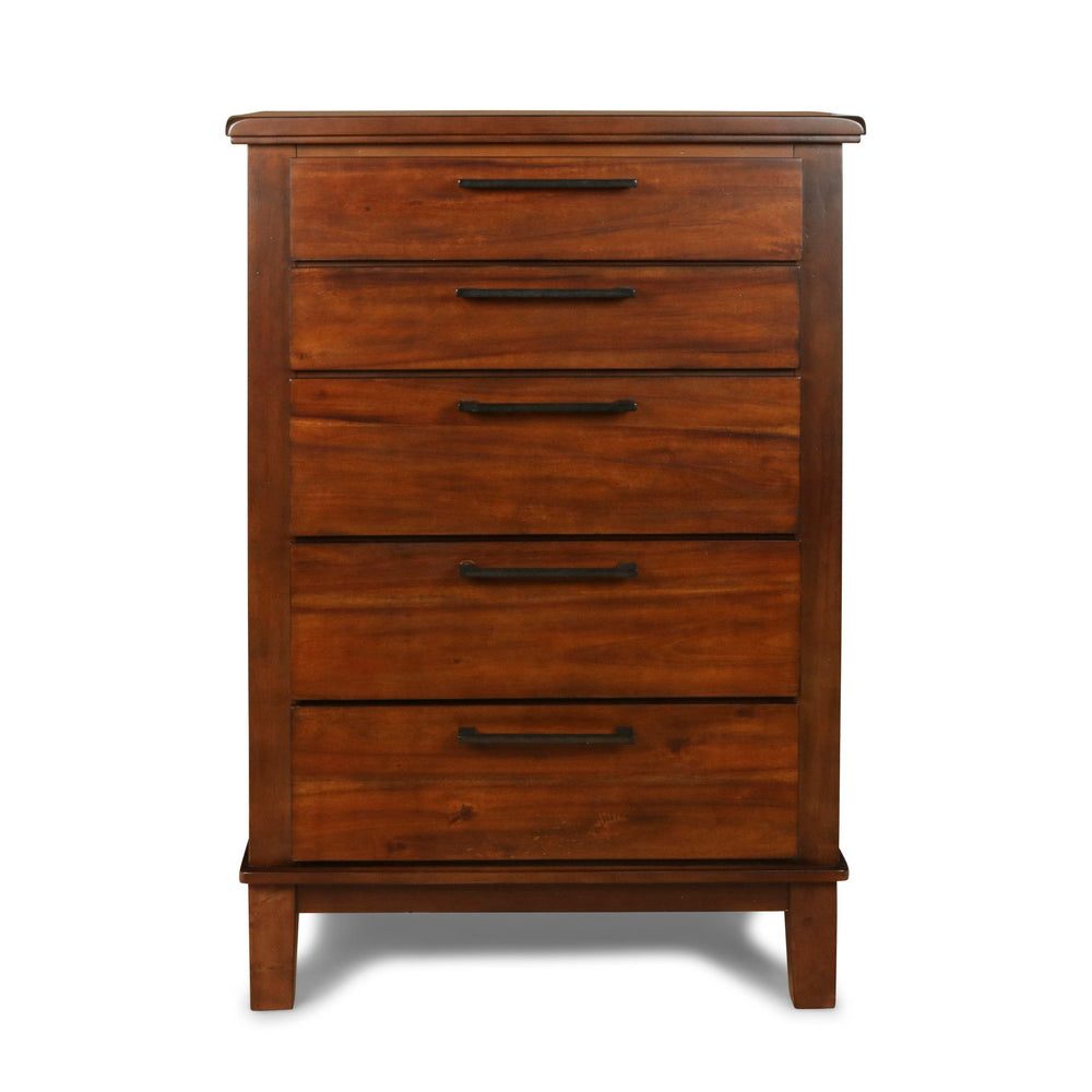 The Cagney 5-Drawer Chest in Chestnut Brown is a harmonious blend of durability, timeless design, and practical storage, making it a valuable addition to any bedroom. This chest is meticulously constructed from solid Rubberwood, premium engineered woods, 