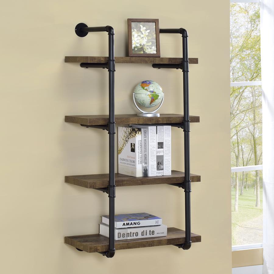 Industrial design can be elegant, as shown by this wall shelf. Plumbing pipe frame highlights the rugged utility that-'s the hallmark of the style. Wall hanging adds a unique element to the piece. Incorporates four (4) open shelves for ease of storage or 