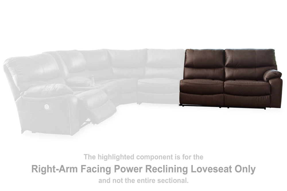 This right-arm facing power reclining loveseat is made with a combination of 100% top grain leather and faux leather upholstery. Pairs with other items in the series to make a sectional.<br><br><b>Additional Dimensions</b><br><ul><li>Arm height: 27-"</li>