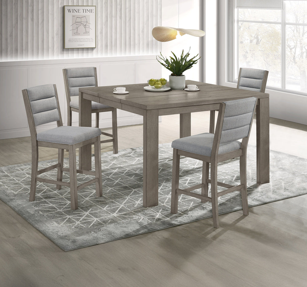This dining set exudes modern elegance with its counter-height design and a soft grey finish that beautifully complements any contemporary decor. The set features a sturdy, expandable square table that balances clean lines with a rustic wood grain texture