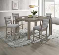 This dining set exudes modern elegance with its counter-height design and a soft grey finish that beautifully complements any contemporary decor. The set features a sturdy, expandable square table that balances clean lines with a rustic wood grain texture