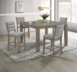 This dining set exudes modern elegance with its counter-height design and a soft grey finish that beautifully complements any contemporary decor. The set features a sturdy, expandable square table that balances clean lines with a rustic wood grain texture