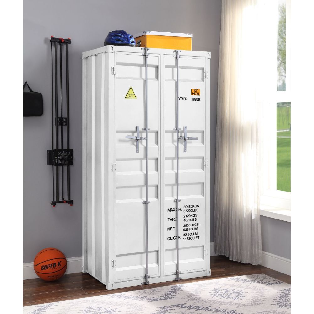 The Cargo Wardrobe is an excellent addition for storage in any bedroom, garage, or even in an off-site storage unit. This functional piece is created from iron metal and includes two front doors with a rod for hanging clothes and five open compartments.<b