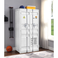 The Cargo Wardrobe is an excellent addition for storage in any bedroom, garage, or even in an off-site storage unit. This functional piece is created from iron metal and includes two front doors with a rod for hanging clothes and five open compartments.<b