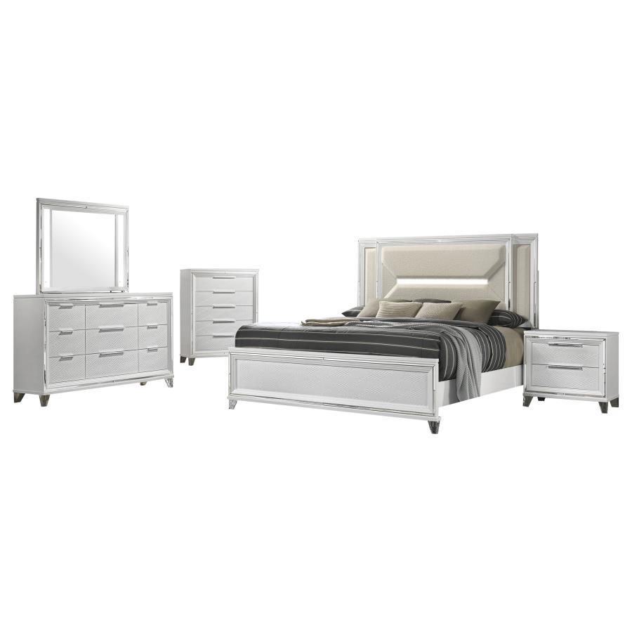 Create a cohesive and luxurious look in your bedroom with this bedroom set. Featuring a bed, nightstand, dresser, mirror, and optional chest, each piece is designed with a modern Italian aesthetic. The white finish, picture framed recessed panels, and emb