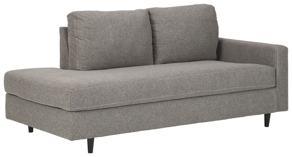Mixing mid-century inspiration with modern attitude, this right-arm facing chaise is as retro chic as it is fashion forward. Loaded with multi-tonal interest, the granite gray upholstery is the essence of earthy elegance. Design elements include slim trac