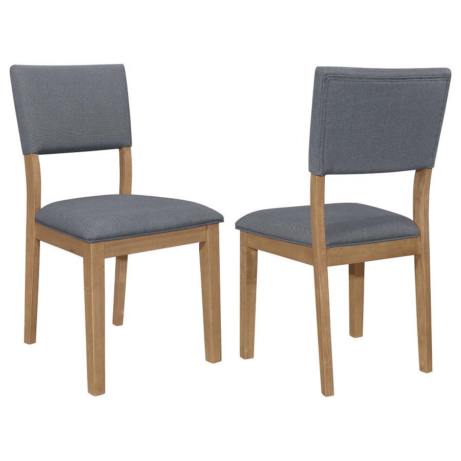 Enhance your dining room with the captivating blend of modern farmhouse style in this stunning dining side chair. The light brown frame adds a touch of warmth and rustic charm, while the blue linen-like fabric upholstery creates a vibrant and eye-catching