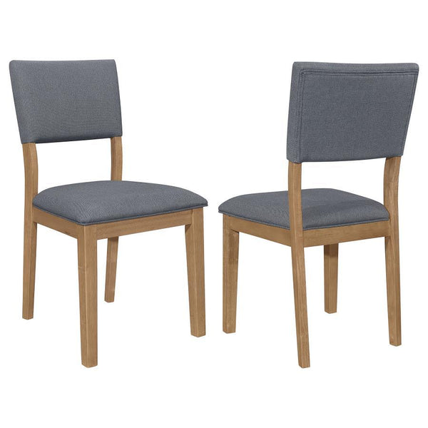 Enhance your dining room with the captivating blend of modern farmhouse style in this stunning dining side chair. The light brown frame adds a touch of warmth and rustic charm, while the blue linen-like fabric upholstery creates a vibrant and eye-catching