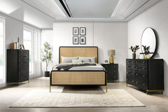 Hint of soft, muted gold instantly elevate the look and feel of a five-piece modern bedroom set. It centers on chic bed with a contemporary open profile and woven rattan head and footboards in a natural hue, Black finish framing and muted gold legs comple