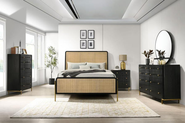 Hint of soft, muted gold instantly elevate the look and feel of a five-piece modern bedroom set. It centers on chic bed with a contemporary open profile and woven rattan head and footboards in a natural hue, Black finish framing and muted gold legs comple