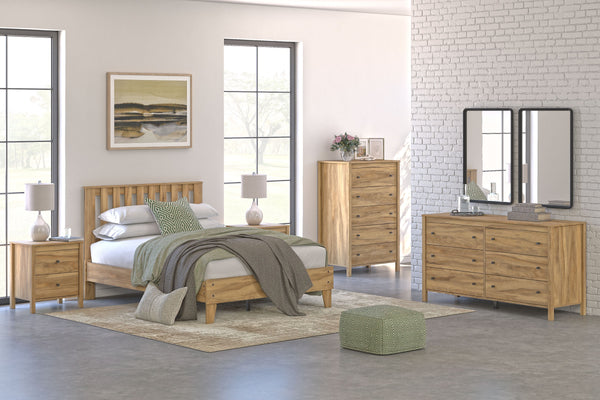 This set puts the dream of a casual bedroom retreat beautifully within budget. Warm rich finish over replicated hickory grain. Spacious drawers with ball bearing glides offer a smooth opening and closing drawer. Cases are accented with dark bronze colored