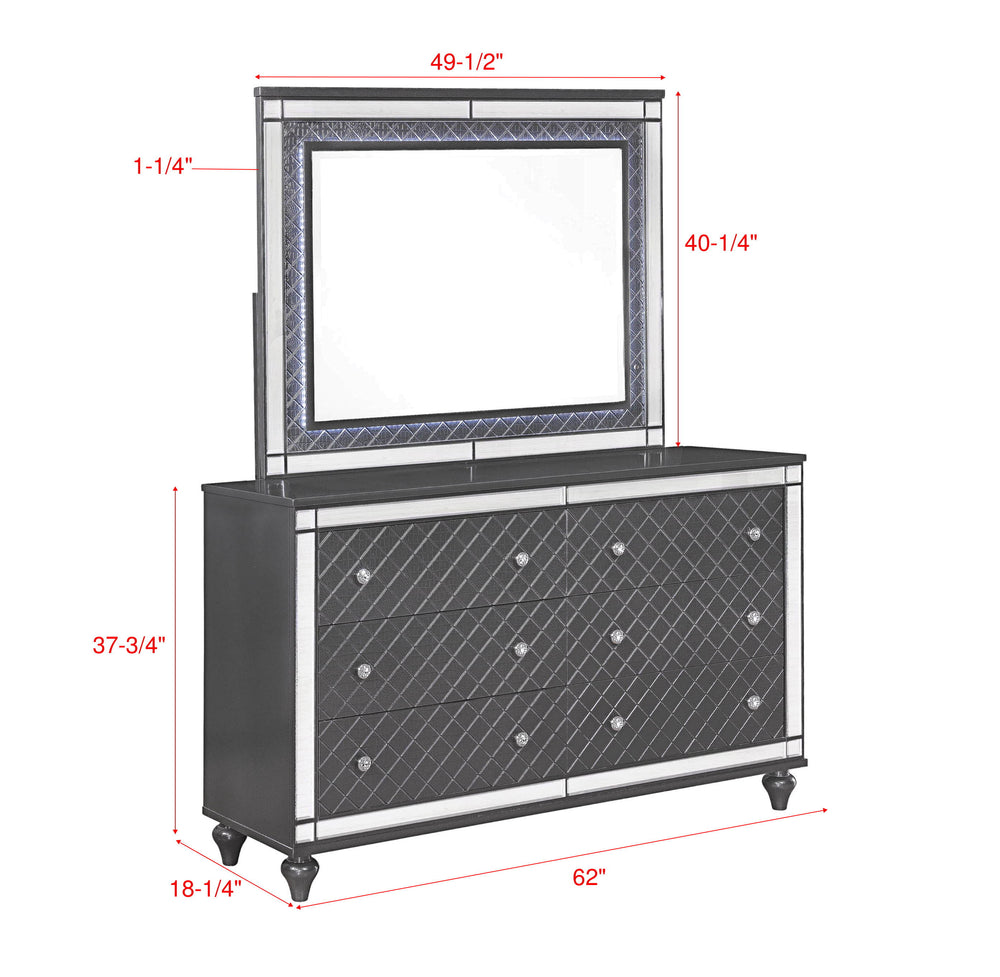 Refino-Dresser/ Mirror-Gray<h4><b>Refino - Dresser - Gunmetal</b></h4> <table width="100%"><colgroup><col style="width: 30%"> <col style="width: 70%"> </colgroup> <tbody> <tr> <td>Dimensions</td> <td> 62.00"L x 18.25"D x 37.50"H</td> </tr> <tr> <td>Weight
