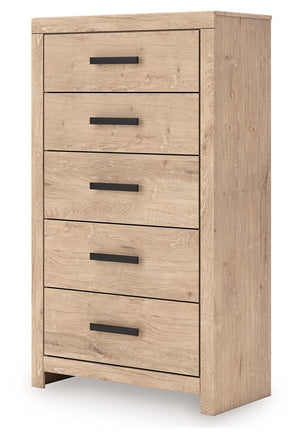  effortlessly creating an inviting atmosphere for a restful nightâ€™s sleep. Five spacious drawers with large black h