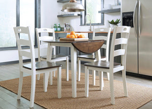 Made with Birch veneers and select hardwood solids in a distinctive two-tone cottage finish. Cream table base and chair frame with medium brown color table tops and chair seats. Updated cottage styling, table has arched aprons and chair has pierced ladder