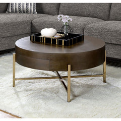 KD, Drum Coffee Table â€¢ Storage: 1 Drw â€¢ Includes: Wooden Top/Drawer, Metal -"X-" Shape Base (Open Base) â€¢â€¢ CONSTRUCTION â€¢â€¢ TOP) Wooden Top/Drawer: Dark Oak finish, Wood Veneer (Oak), Bentwood, MDF, Top Size: 6-"H â€¢ BASE) Metal -"X-" Shape B