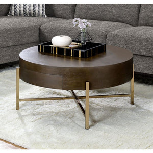 KD, Drum Coffee Table â€¢ Storage: 1 Drw â€¢ Includes: Wooden Top/Drawer, Metal -"X-" Shape Base (Open Base) â€¢â€¢ CONSTRUCTION â€¢â€¢ TOP) Wooden Top/Drawer: Dark Oak finish, Wood Veneer (Oak), Bentwood, MDF, Top Size: 6-"H â€¢ BASE) Metal -"X-" Shape B