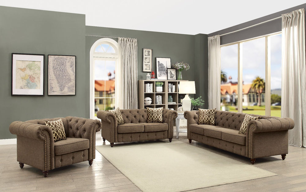 Aurelia sofa collection upholstered in gray & beige color linen fabric. Comfort and style define this sofa collection. This sofa and loveseat are detailed with classic details like deep button tufts and plush, sheltering arms. Adorned with button tufting 